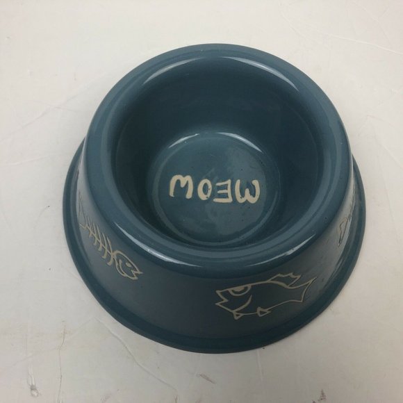 Cat Bowl Dish Food Water Blue Fish Bone Meow Ceramic - Picture 6 of 8